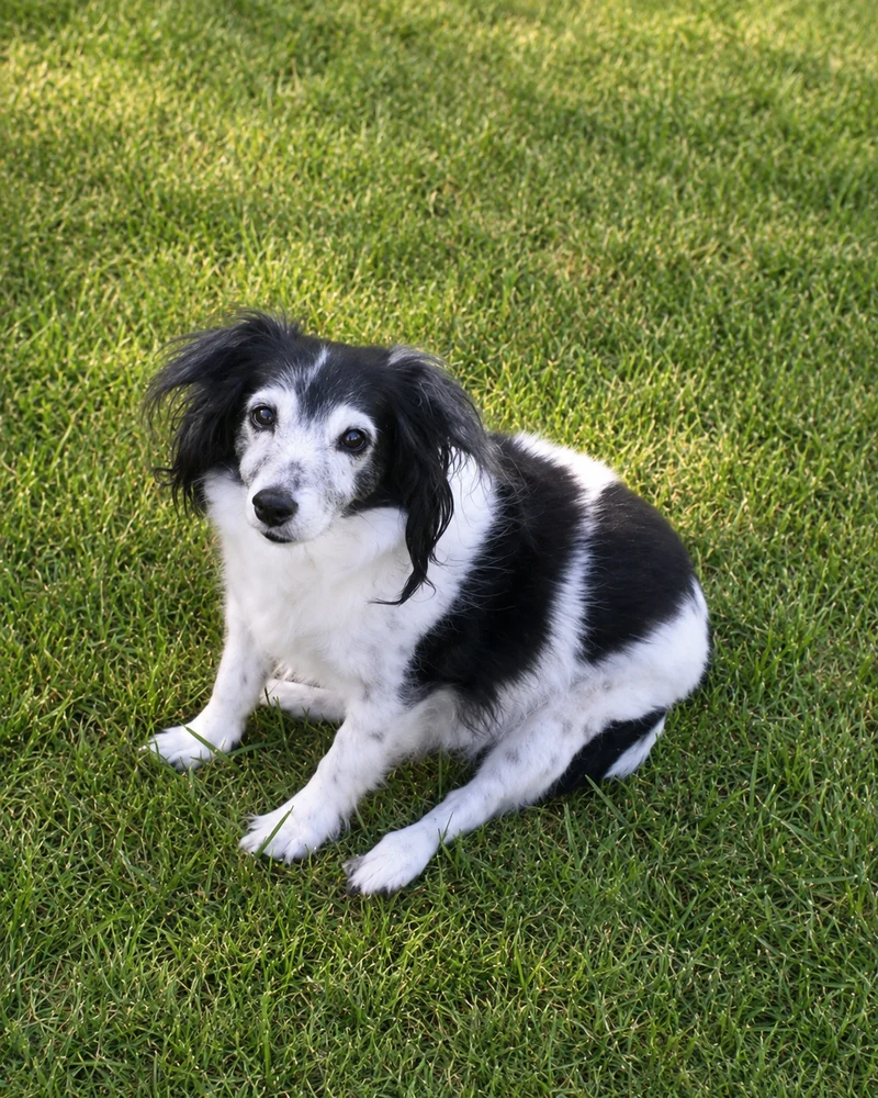 Sassy, the real dog who inspired the brand, sitting outdoors