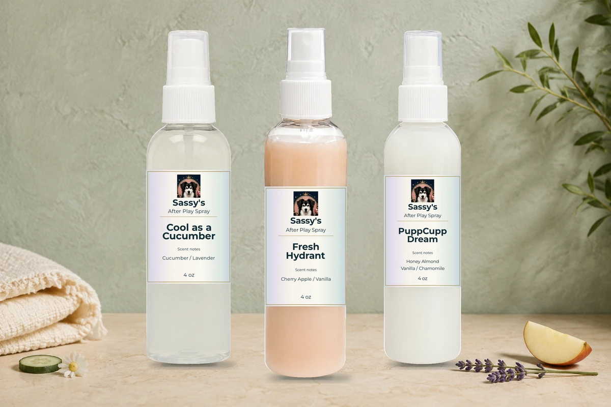 Cool as a Cucumber, Fresh Hydrant, and PuppCupp Dream 4 oz bottles in a scent-inspired setting